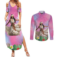 Woman Polynesian Tattoos Couples Matching Summer Maxi Dress and Long Sleeve Button Shirt Tropical Flower - Sweets Vibrant Color LT03 Vibrant Gradient - Polynesian Pride