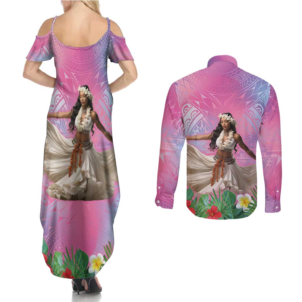 Woman Polynesian Tattoos Couples Matching Summer Maxi Dress and Long Sleeve Button Shirt Tropical Flower - Sweets Vibrant Color LT03 - Polynesian Pride