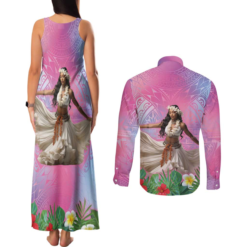 Woman Polynesian Tattoos Couples Matching Tank Maxi Dress and Long Sleeve Button Shirt Tropical Flower - Sweets Vibrant Color LT03 - Polynesian Pride