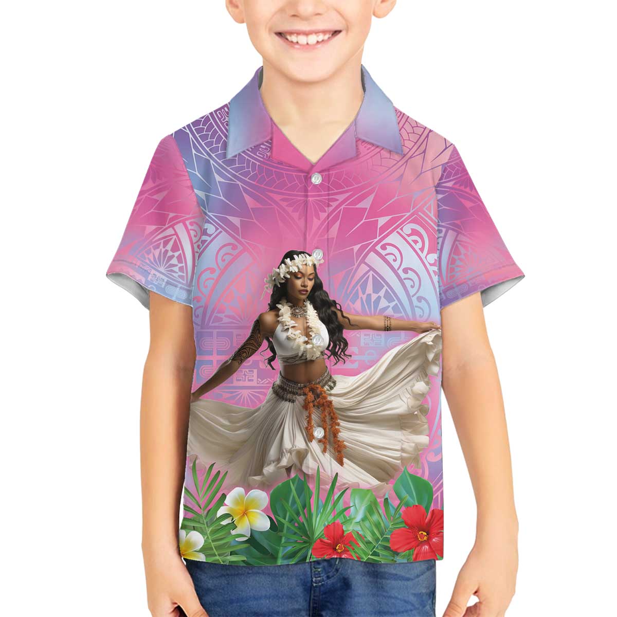 Woman Polynesian Tattoos Family Matching Off The Shoulder Long Sleeve Dress and Hawaiian Shirt Tropical Flower - Sweets Vibrant Color LT03 Son's Shirt Vibrant Gradient - Polynesian Pride