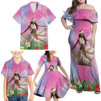 Woman Polynesian Tattoos Family Matching Off Shoulder Maxi Dress and Hawaiian Shirt Tropical Flower - Sweets Vibrant Color LT03 - Polynesian Pride