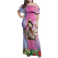 Woman Polynesian Tattoos Family Matching Off Shoulder Maxi Dress and Hawaiian Shirt Tropical Flower - Sweets Vibrant Color LT03 Mom's Dress Vibrant Gradient - Polynesian Pride