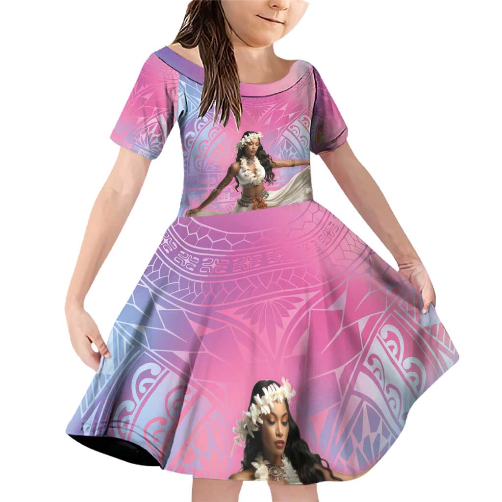 Woman Polynesian Tattoos Family Matching Off Shoulder Short Dress and Hawaiian Shirt Tropical Flower - Sweets Vibrant Color LT03 Daughter's Dress Vibrant Gradient - Polynesian Pride
