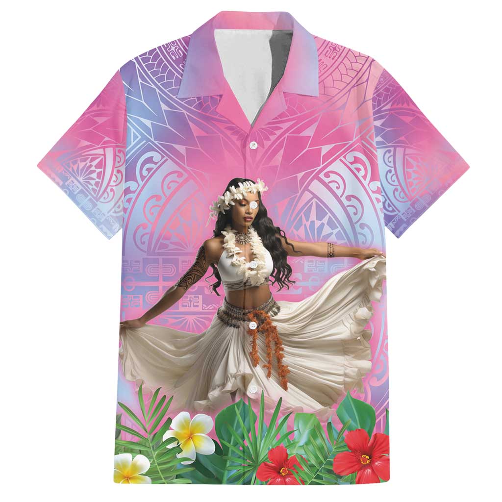 Woman Polynesian Tattoos Family Matching Off Shoulder Short Dress and Hawaiian Shirt Tropical Flower - Sweets Vibrant Color LT03 Dad's Shirt - Short Sleeve Vibrant Gradient - Polynesian Pride