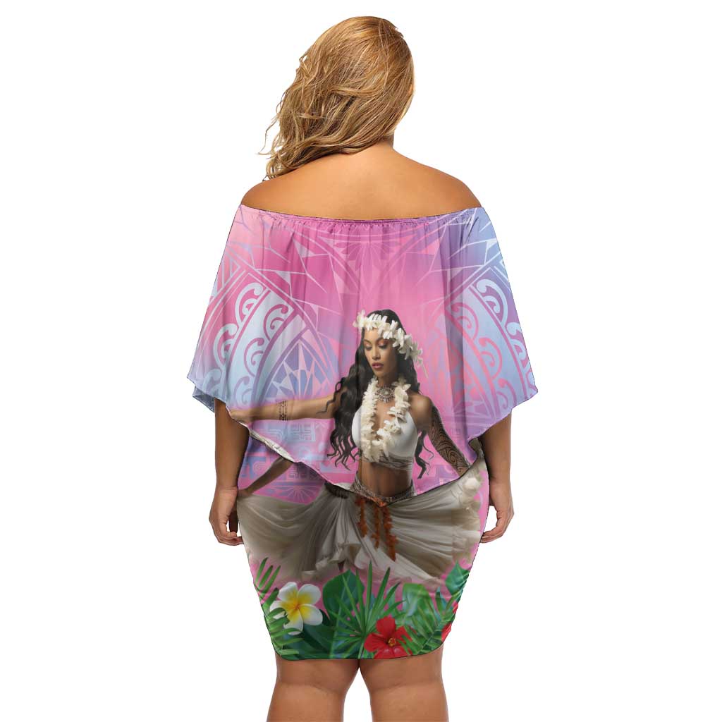 Woman Polynesian Tattoos Family Matching Off Shoulder Short Dress and Hawaiian Shirt Tropical Flower - Sweets Vibrant Color LT03 - Polynesian Pride