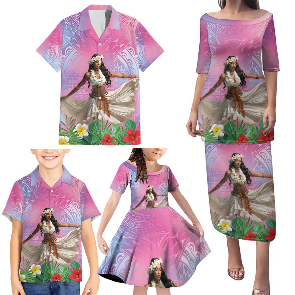 Woman Polynesian Tattoos Family Matching Puletasi and Hawaiian Shirt Tropical Flower - Sweets Vibrant Color LT03 - Polynesian Pride