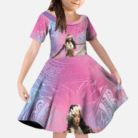 Woman Polynesian Tattoos Family Matching Short Sleeve Bodycon Dress and Hawaiian Shirt Tropical Flower - Sweets Vibrant Color LT03 Daughter's Dress Vibrant Gradient - Polynesian Pride