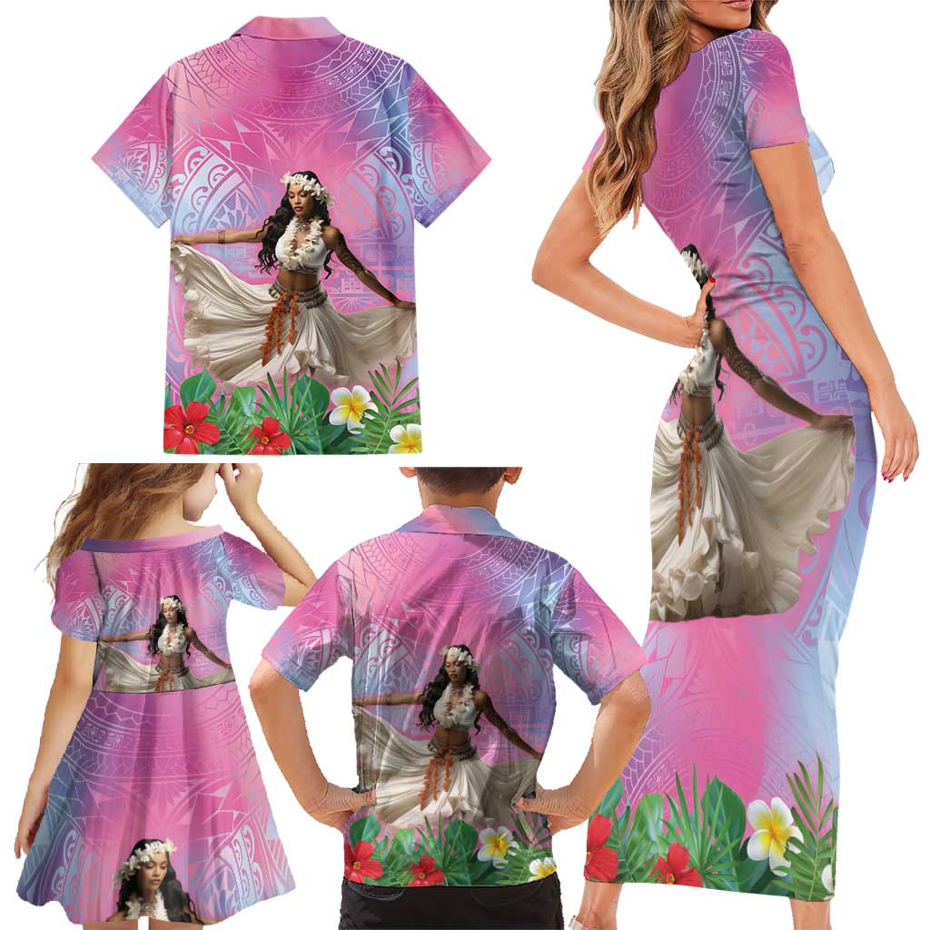 Woman Polynesian Tattoos Family Matching Short Sleeve Bodycon Dress and Hawaiian Shirt Tropical Flower - Sweets Vibrant Color LT03 - Polynesian Pride