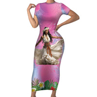 Woman Polynesian Tattoos Family Matching Short Sleeve Bodycon Dress and Hawaiian Shirt Tropical Flower - Sweets Vibrant Color LT03 Mom's Dress Vibrant Gradient - Polynesian Pride