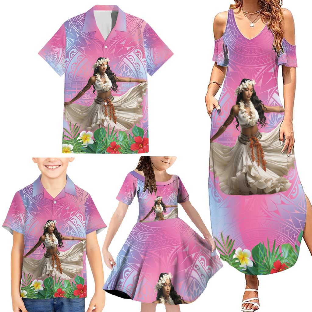 Woman Polynesian Tattoos Family Matching Summer Maxi Dress and Hawaiian Shirt Tropical Flower - Sweets Vibrant Color LT03 - Polynesian Pride