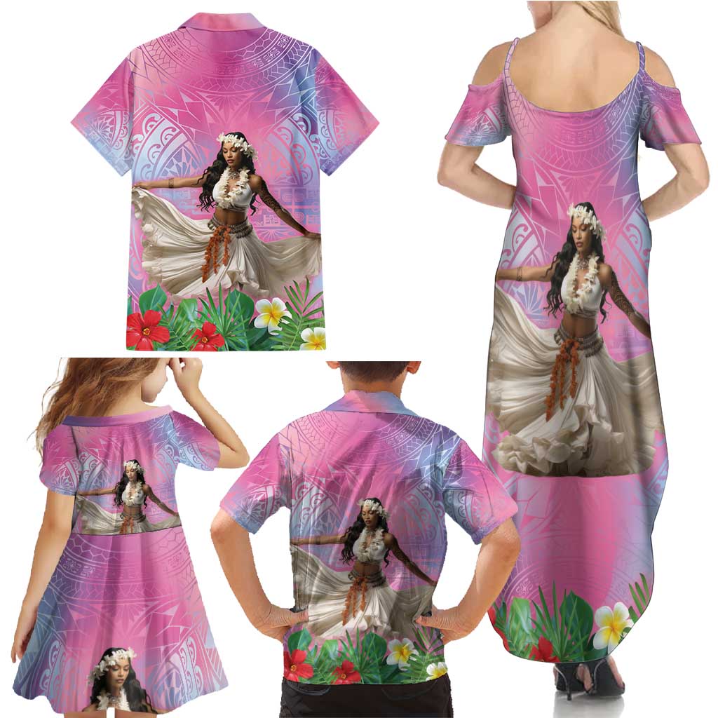 Woman Polynesian Tattoos Family Matching Summer Maxi Dress and Hawaiian Shirt Tropical Flower - Sweets Vibrant Color LT03 - Polynesian Pride