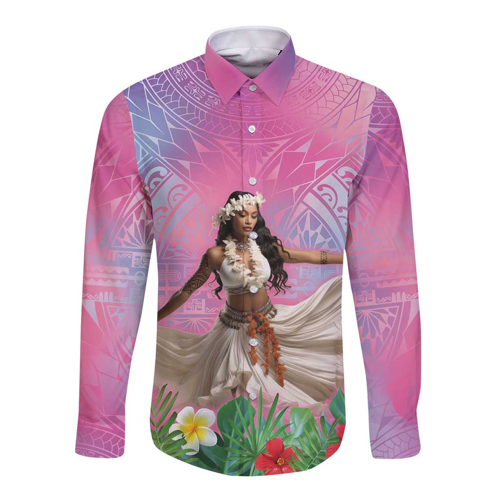 Woman Polynesian Tattoos Long Sleeve Button Shirt Tropical Flower - Sweets Vibrant Color LT03 Unisex Vibrant Gradient - Polynesian Pride