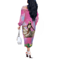 Woman Polynesian Tattoos Off The Shoulder Long Sleeve Dress Tropical Flower - Sweets Vibrant Color LT03 - Polynesian Pride