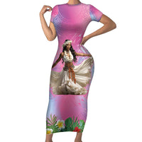 Woman Polynesian Tattoos Short Sleeve Bodycon Dress Tropical Flower - Sweets Vibrant Color LT03 Long Dress Vibrant Gradient - Polynesian Pride