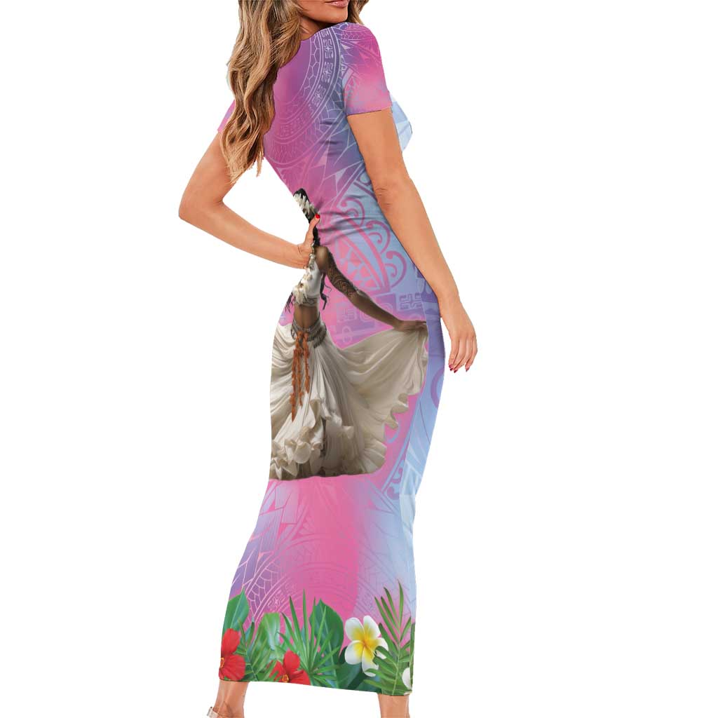 Woman Polynesian Tattoos Short Sleeve Bodycon Dress Tropical Flower - Sweets Vibrant Color LT03 - Polynesian Pride