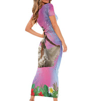 Woman Polynesian Tattoos Short Sleeve Bodycon Dress Tropical Flower - Sweets Vibrant Color LT03 - Polynesian Pride