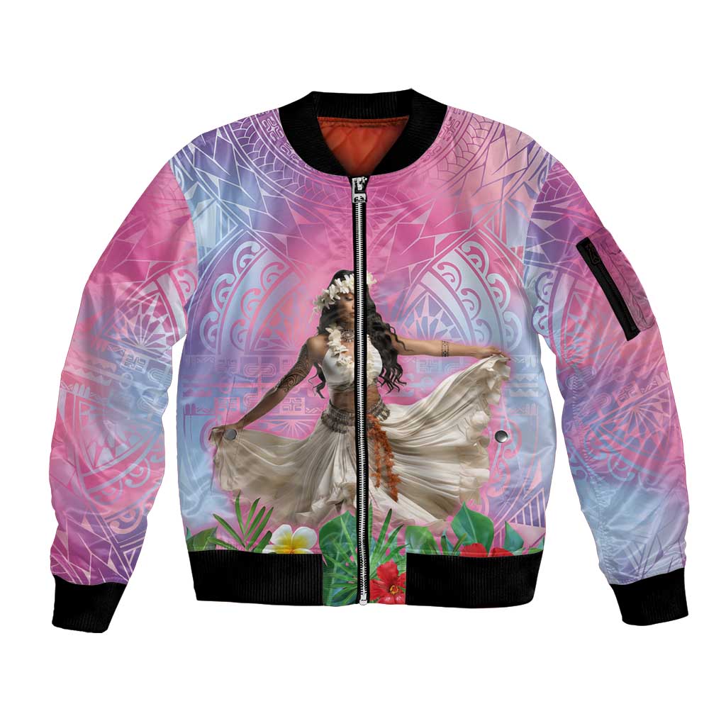 Woman Polynesian Tattoos Sleeve Zip Bomber Jacket Tropical Flower - Sweets Vibrant Color LT03 Unisex Vibrant Gradient - Polynesian Pride
