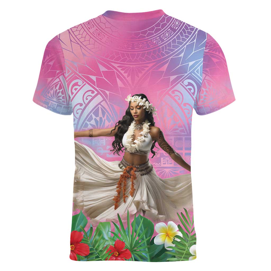 Woman Polynesian Tattoos Women V-Neck T-Shirt Tropical Flower - Sweets Vibrant Color LT03 - Polynesian Pride