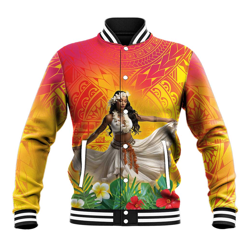 Woman Polynesian Tattoos Baseball Jacket Tropical Flower - Vibrant Hot Color LT03 Unisex Vibrant Gradient - Polynesian Pride