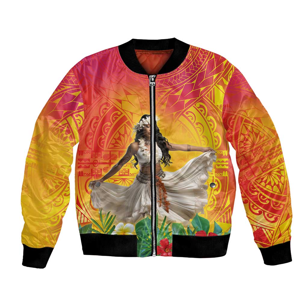 Woman Polynesian Tattoos Bomber Jacket Tropical Flower - Vibrant Hot Color LT03 Unisex Vibrant Gradient - Polynesian Pride