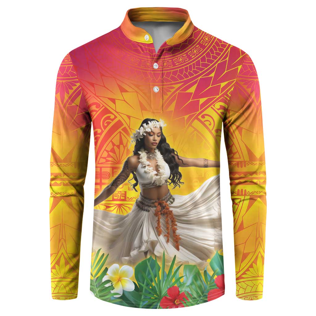 Woman Polynesian Tattoos Button Sweatshirt Tropical Flower - Vibrant Hot Color