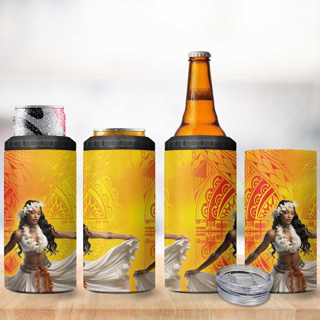 Woman Polynesian Tattoos 4 in 1 Can Cooler Tumbler Tropical Flower - Vibrant Hot Color LT03 - Polynesian Pride