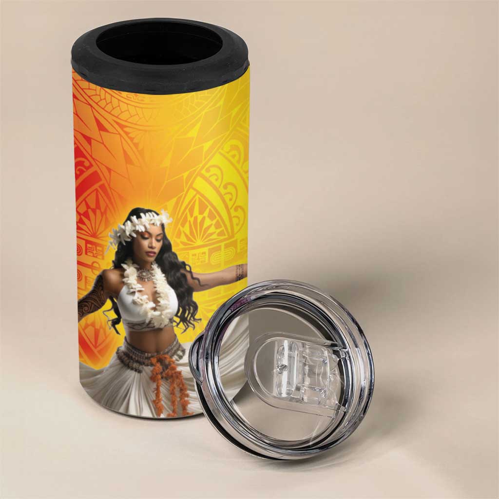 Woman Polynesian Tattoos 4 in 1 Can Cooler Tumbler Tropical Flower - Vibrant Hot Color LT03 - Polynesian Pride