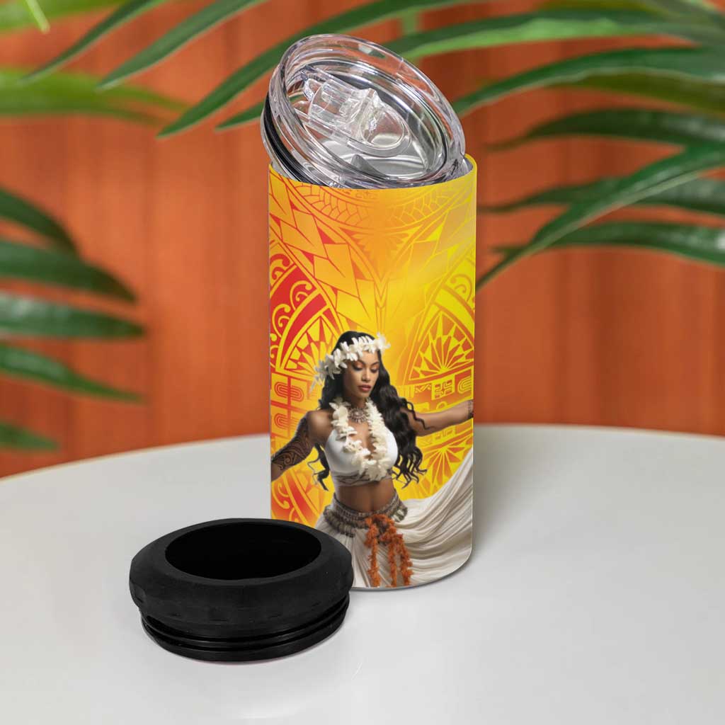 Woman Polynesian Tattoos 4 in 1 Can Cooler Tumbler Tropical Flower - Vibrant Hot Color LT03 - Polynesian Pride