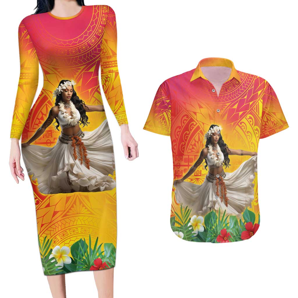 Woman Polynesian Tattoos Couples Matching Long Sleeve Bodycon Dress and Hawaiian Shirt Tropical Flower - Vibrant Hot Color LT03 Vibrant Gradient - Polynesian Pride