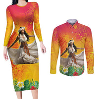 Woman Polynesian Tattoos Couples Matching Long Sleeve Bodycon Dress and Long Sleeve Button Shirt Tropical Flower - Vibrant Hot Color LT03 Vibrant Gradient - Polynesian Pride
