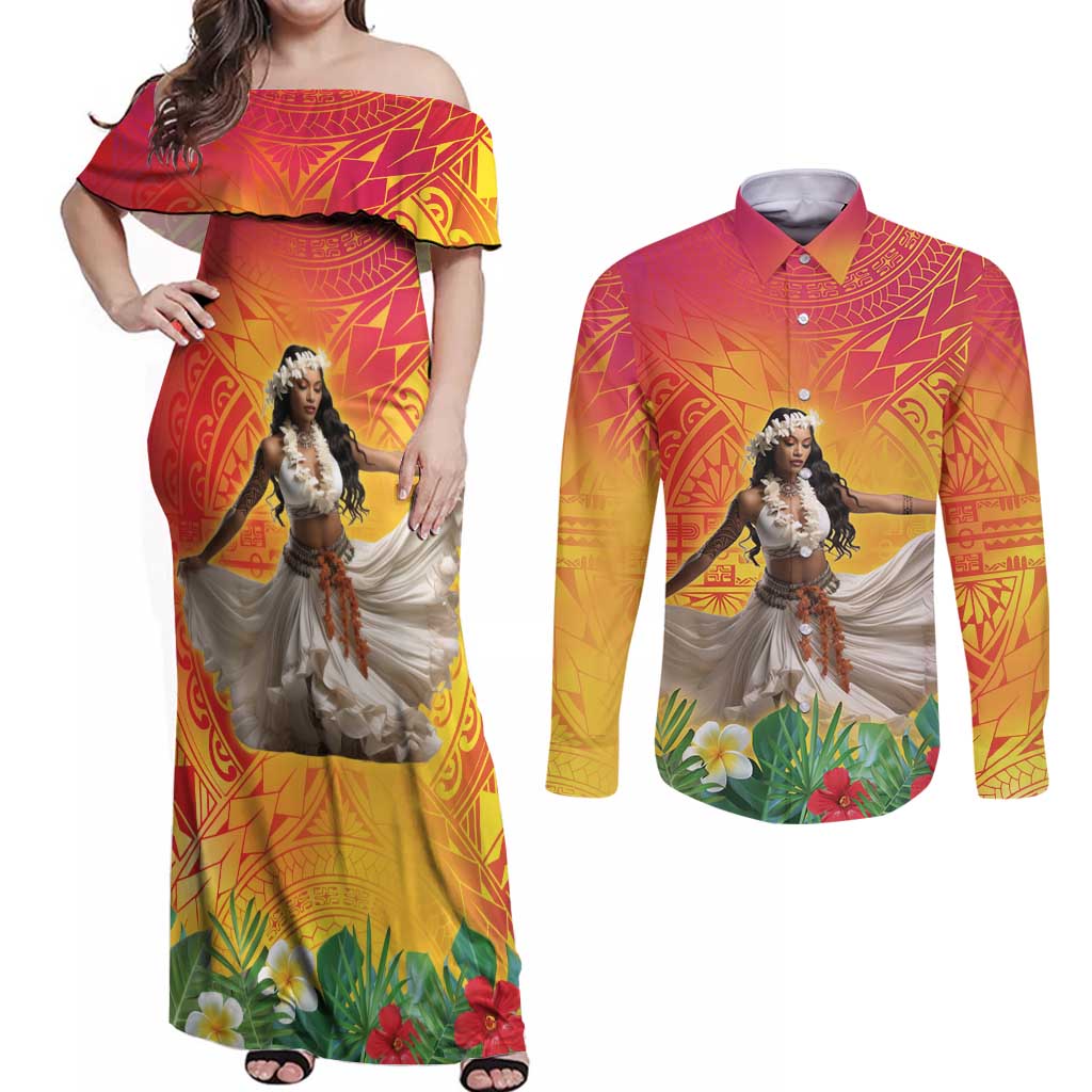 Woman Polynesian Tattoos Couples Matching Off Shoulder Maxi Dress and Long Sleeve Button Shirt Tropical Flower - Vibrant Hot Color LT03 Vibrant Gradient - Polynesian Pride