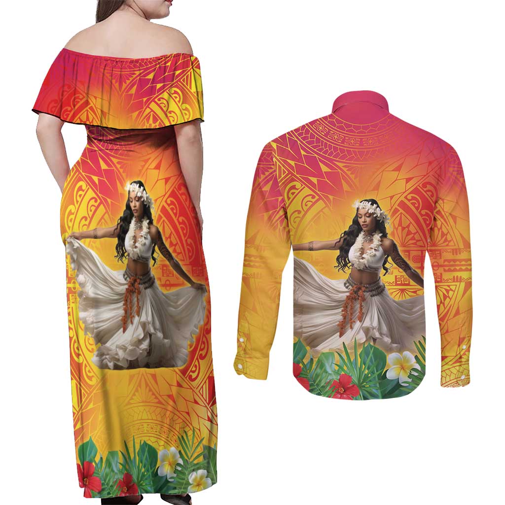 Woman Polynesian Tattoos Couples Matching Off Shoulder Maxi Dress and Long Sleeve Button Shirt Tropical Flower - Vibrant Hot Color LT03 - Polynesian Pride