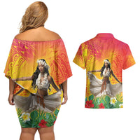Woman Polynesian Tattoos Couples Matching Off Shoulder Short Dress and Hawaiian Shirt Tropical Flower - Vibrant Hot Color LT03 - Polynesian Pride
