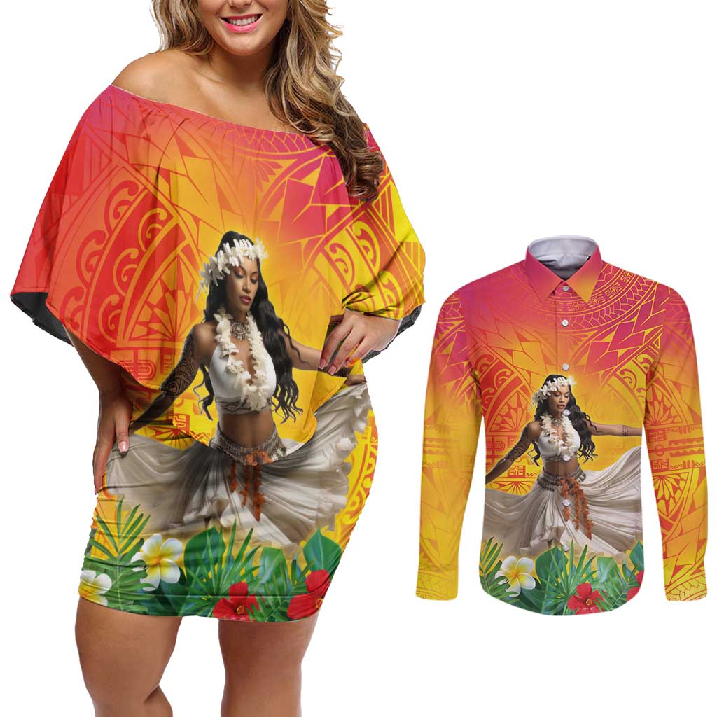 Woman Polynesian Tattoos Couples Matching Off Shoulder Short Dress and Long Sleeve Button Shirt Tropical Flower - Vibrant Hot Color LT03 Vibrant Gradient - Polynesian Pride
