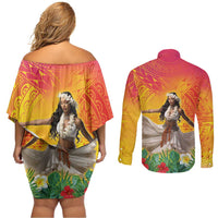 Woman Polynesian Tattoos Couples Matching Off Shoulder Short Dress and Long Sleeve Button Shirt Tropical Flower - Vibrant Hot Color LT03 - Polynesian Pride