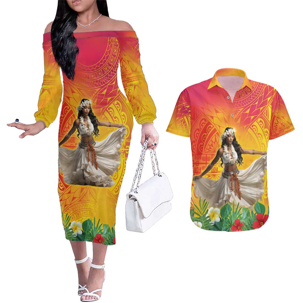 Woman Polynesian Tattoos Couples Matching Off The Shoulder Long Sleeve Dress and Hawaiian Shirt Tropical Flower - Vibrant Hot Color LT03 Vibrant Gradient - Polynesian Pride