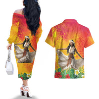 Woman Polynesian Tattoos Couples Matching Off The Shoulder Long Sleeve Dress and Hawaiian Shirt Tropical Flower - Vibrant Hot Color LT03 - Polynesian Pride
