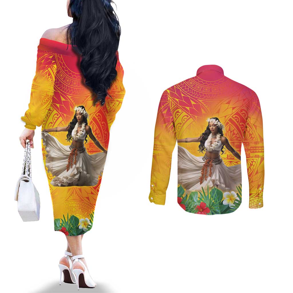 Woman Polynesian Tattoos Couples Matching Off The Shoulder Long Sleeve Dress and Long Sleeve Button Shirt Tropical Flower - Vibrant Hot Color LT03 - Polynesian Pride