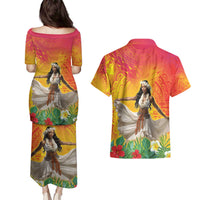 Woman Polynesian Tattoos Couples Matching Puletasi and Hawaiian Shirt Tropical Flower - Vibrant Hot Color LT03 - Polynesian Pride