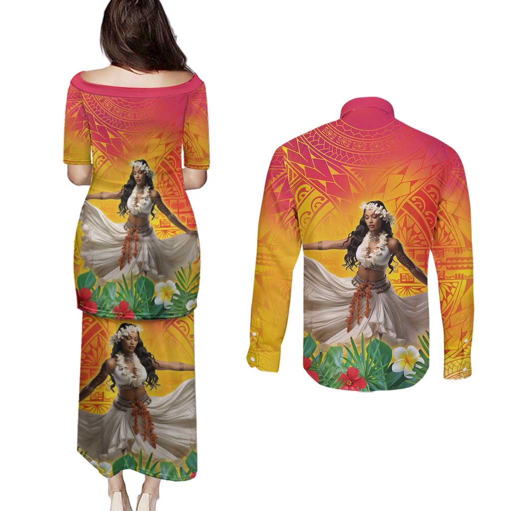 Woman Polynesian Tattoos Couples Matching Puletasi and Long Sleeve Button Shirt Tropical Flower - Vibrant Hot Color LT03 - Polynesian Pride