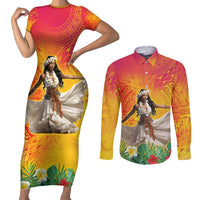 Woman Polynesian Tattoos Couples Matching Short Sleeve Bodycon Dress and Long Sleeve Button Shirt Tropical Flower - Vibrant Hot Color LT03 Vibrant Gradient - Polynesian Pride