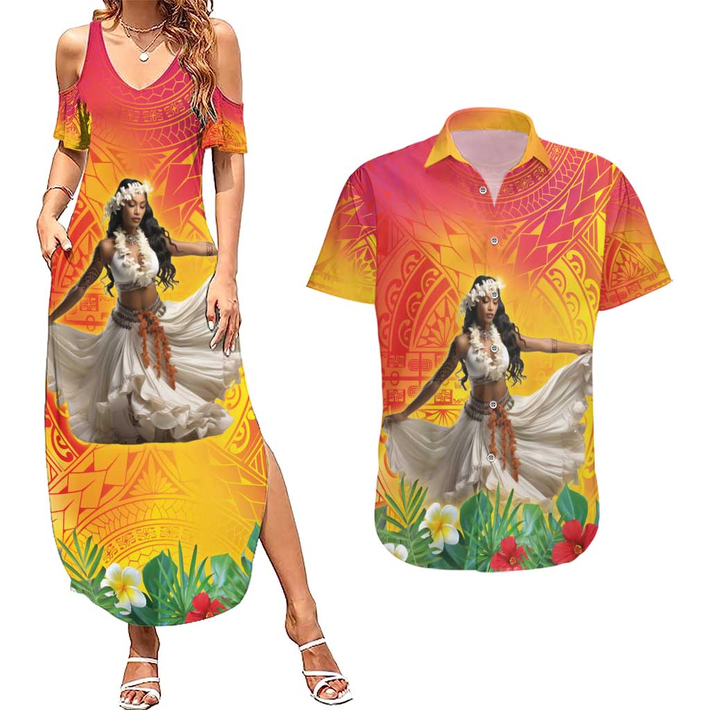 Woman Polynesian Tattoos Couples Matching Summer Maxi Dress and Hawaiian Shirt Tropical Flower - Vibrant Hot Color LT03 Vibrant Gradient - Polynesian Pride