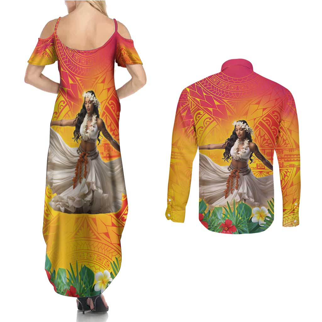 Woman Polynesian Tattoos Couples Matching Summer Maxi Dress and Long Sleeve Button Shirt Tropical Flower - Vibrant Hot Color LT03 - Polynesian Pride