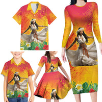 Woman Polynesian Tattoos Family Matching Long Sleeve Bodycon Dress and Hawaiian Shirt Tropical Flower - Vibrant Hot Color LT03 - Polynesian Pride