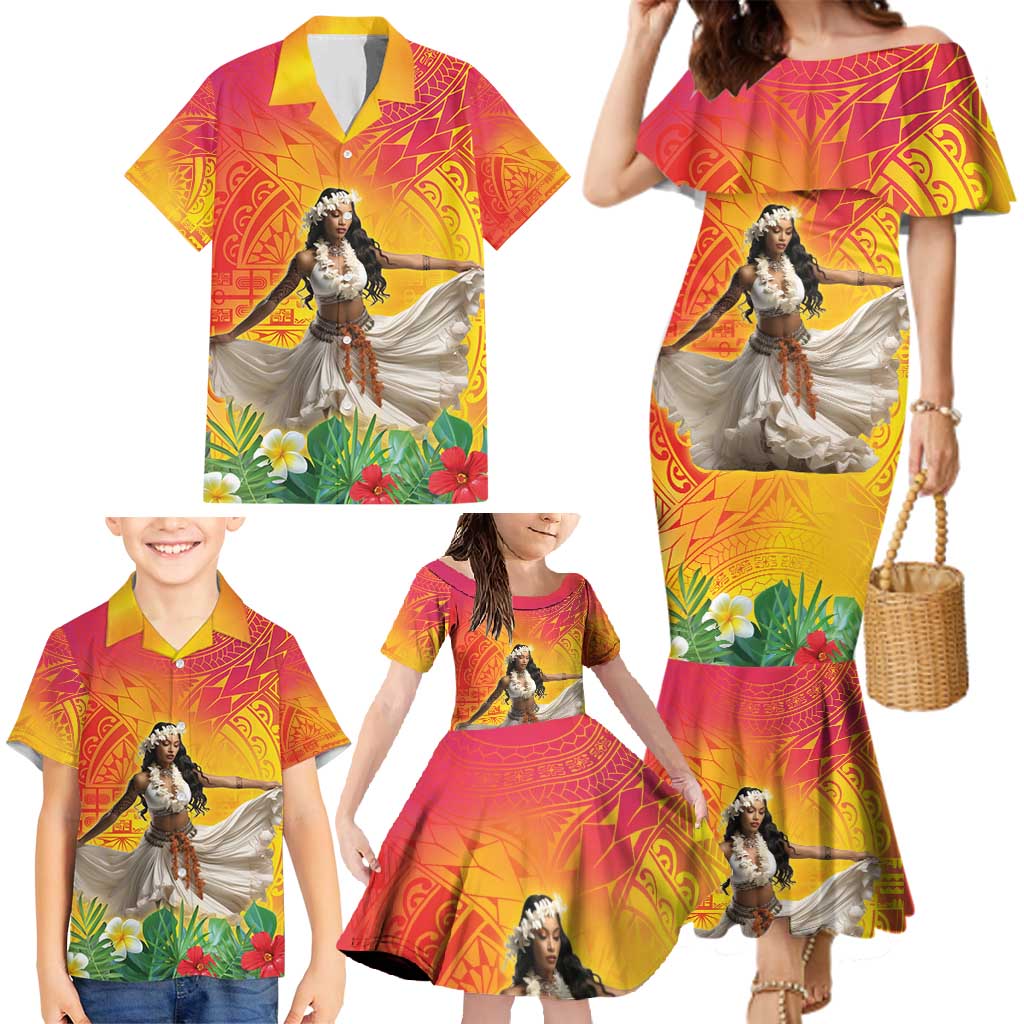 Woman Polynesian Tattoos Family Matching Mermaid Dress and Hawaiian Shirt Tropical Flower - Vibrant Hot Color LT03 - Polynesian Pride