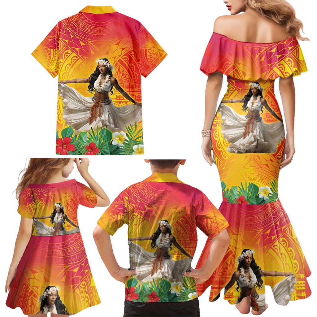 Woman Polynesian Tattoos Family Matching Mermaid Dress and Hawaiian Shirt Tropical Flower - Vibrant Hot Color LT03 - Polynesian Pride