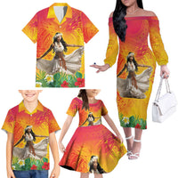 Woman Polynesian Tattoos Family Matching Off The Shoulder Long Sleeve Dress and Hawaiian Shirt Tropical Flower - Vibrant Hot Color LT03 - Polynesian Pride