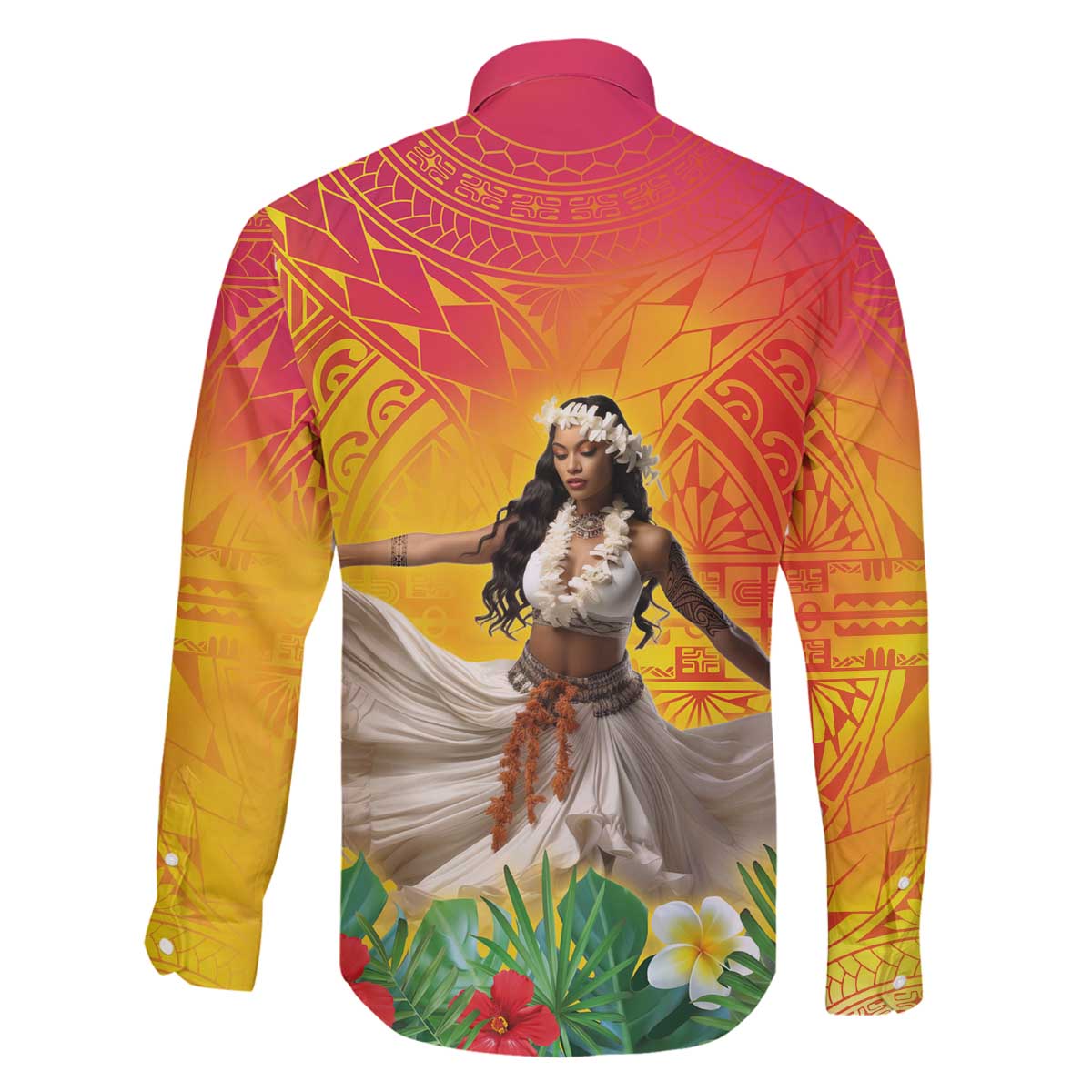 Woman Polynesian Tattoos Family Matching Off The Shoulder Long Sleeve Dress and Hawaiian Shirt Tropical Flower - Vibrant Hot Color LT03 - Polynesian Pride