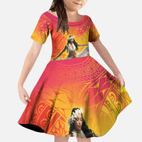 Woman Polynesian Tattoos Family Matching Off Shoulder Maxi Dress and Hawaiian Shirt Tropical Flower - Vibrant Hot Color LT03 Daughter's Dress Vibrant Gradient - Polynesian Pride