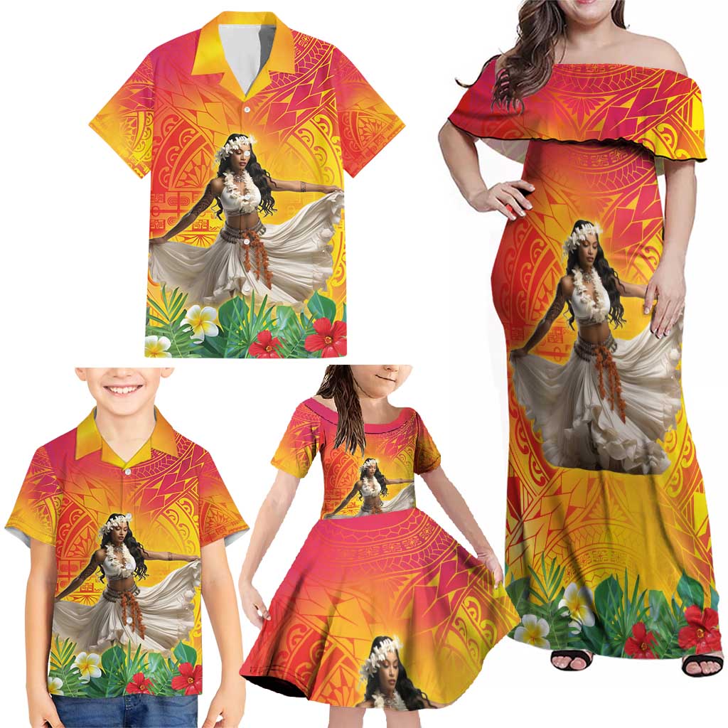Woman Polynesian Tattoos Family Matching Off Shoulder Maxi Dress and Hawaiian Shirt Tropical Flower - Vibrant Hot Color LT03 - Polynesian Pride